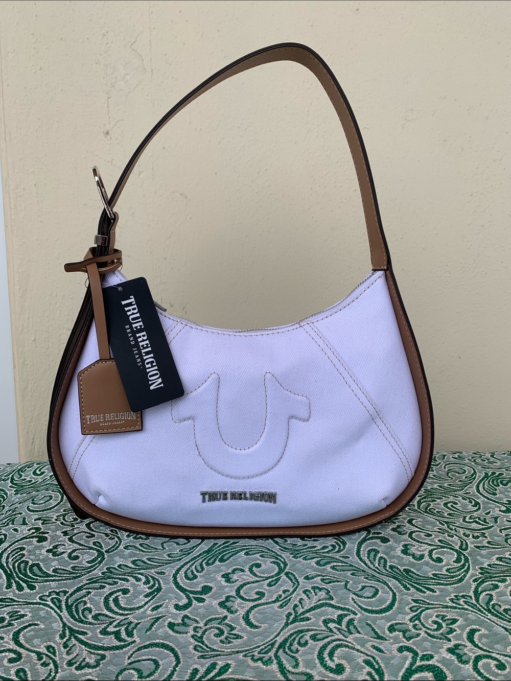True Religion White Canvas Shoulder Bag with Brown Trim